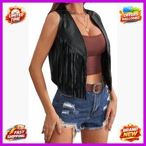 PU Fringe Sleeveless Vest Tassel Faux Leather Open Front 70S Hippie Jacket
